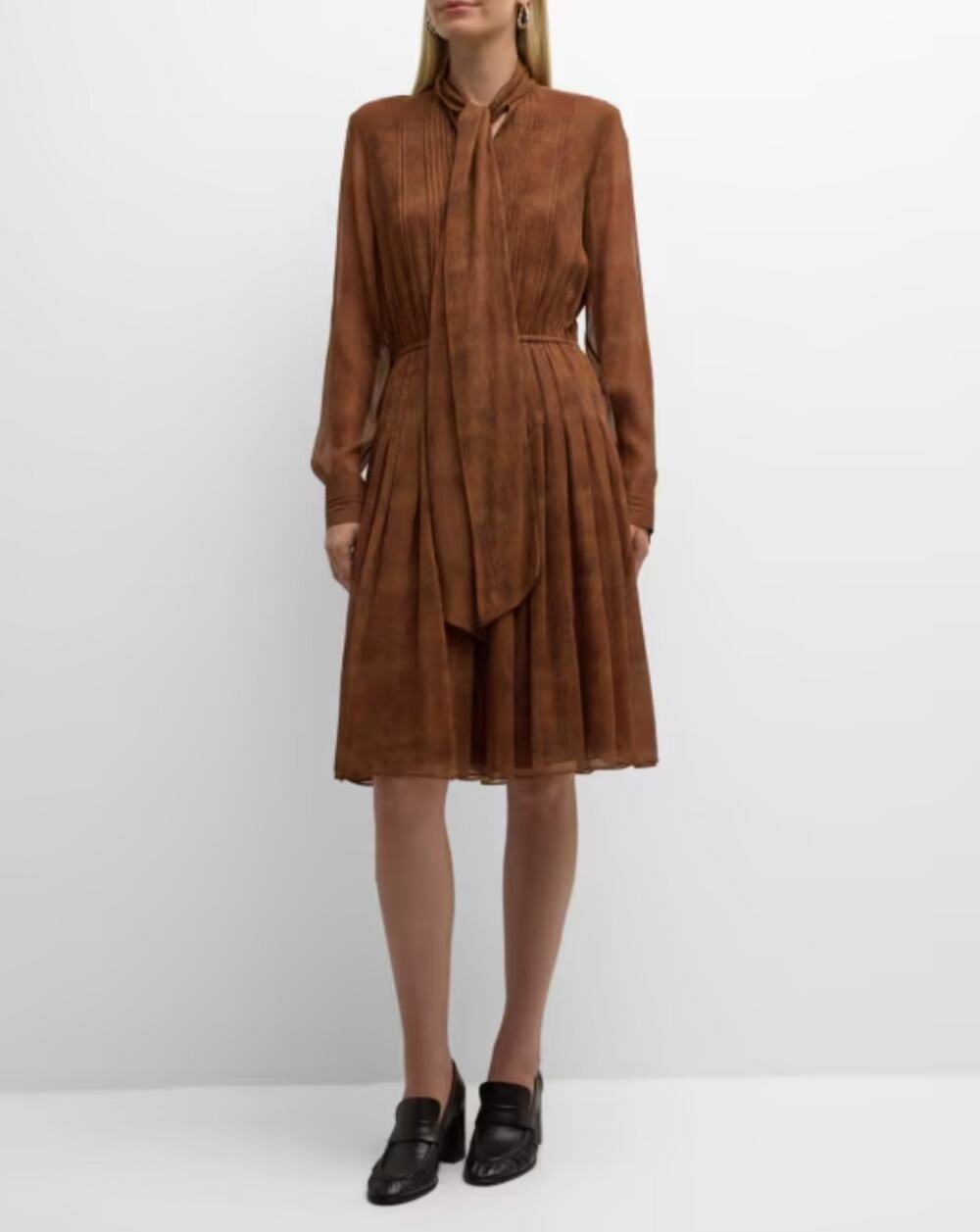 Lafayette 148 New York Pleated Pintuck Tie Neck Silk Brown Midi Dress New Medium